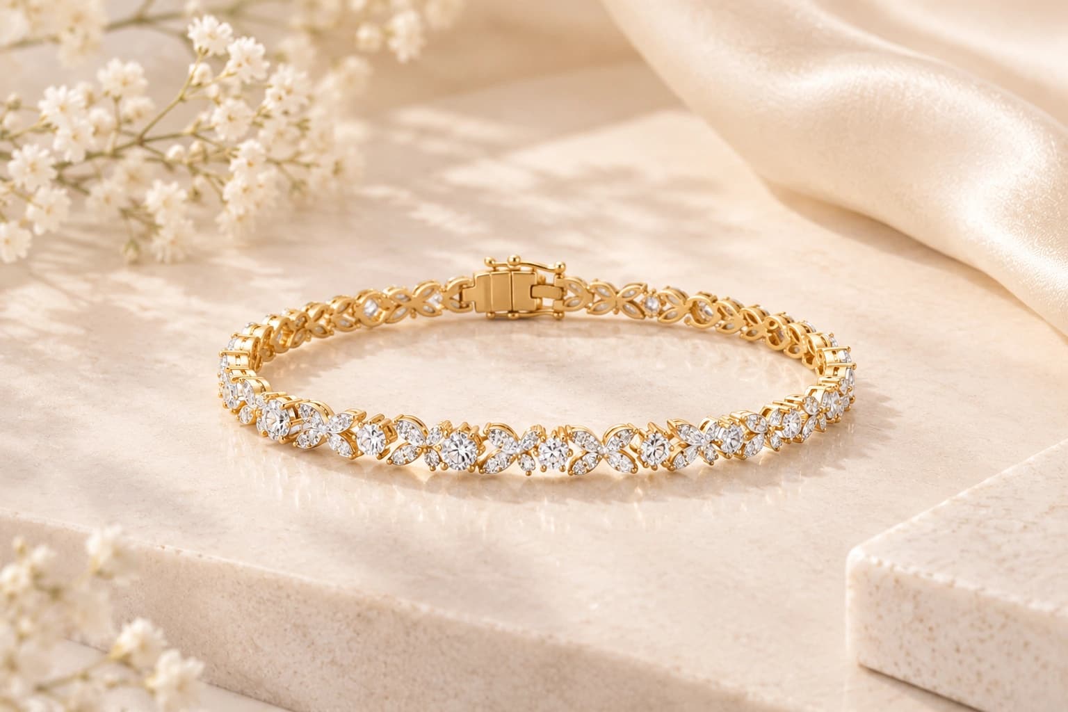 A gold and diamond tennis bracelet resting on a stone plinth