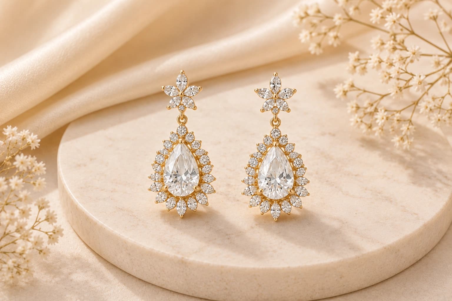 A pair of gold pear-drop halo earrings on a stone display disc