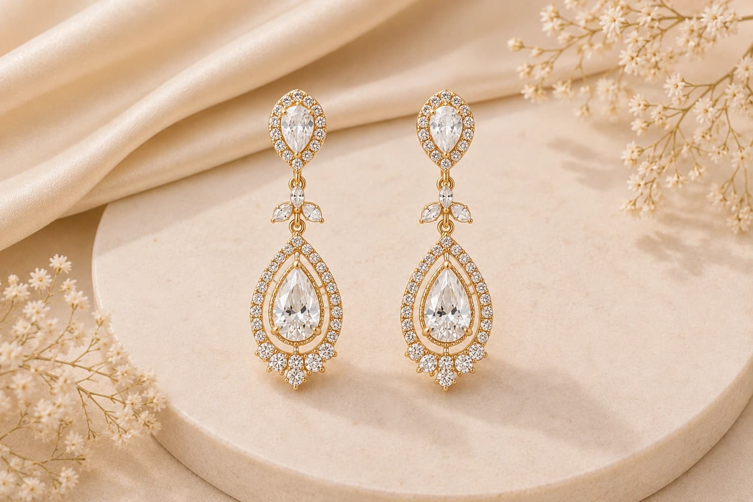 A pair of gold pear-drop halo earrings on a stone plinth