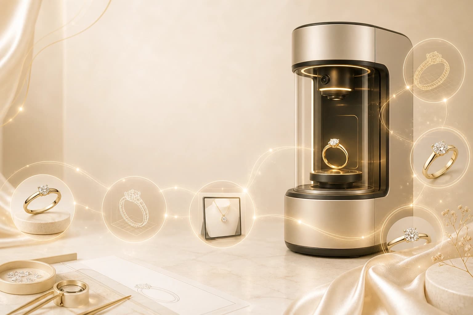 The LUMEN jewellery creation machine lit in a dark room