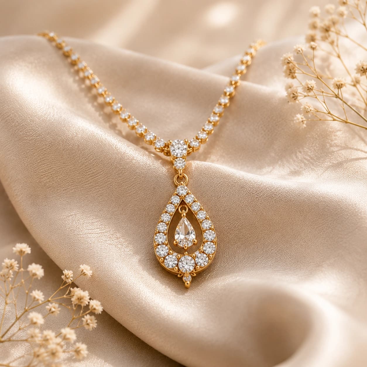 The physical gold and diamond pendant necklace laid on ivory silk