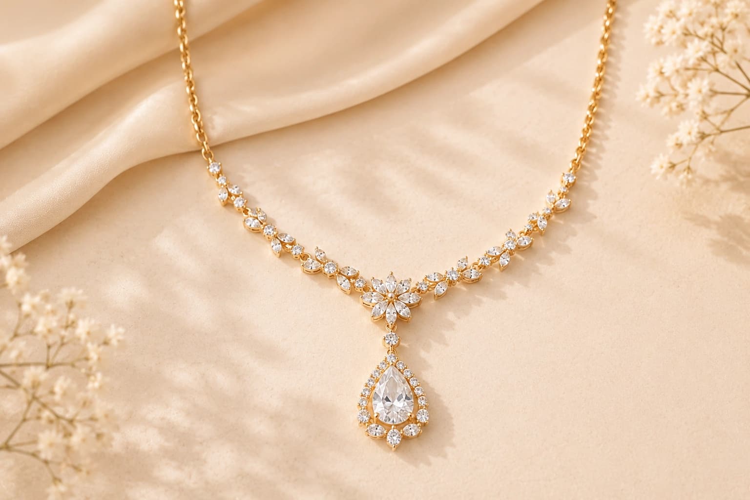 A gold necklace with a pear-drop diamond pendant on cream silk