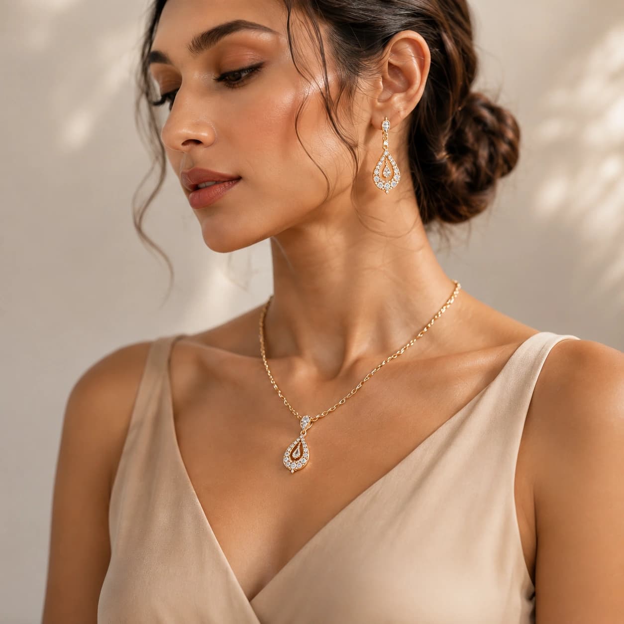 Model wearing the finished pendant necklace and matching drop earrings