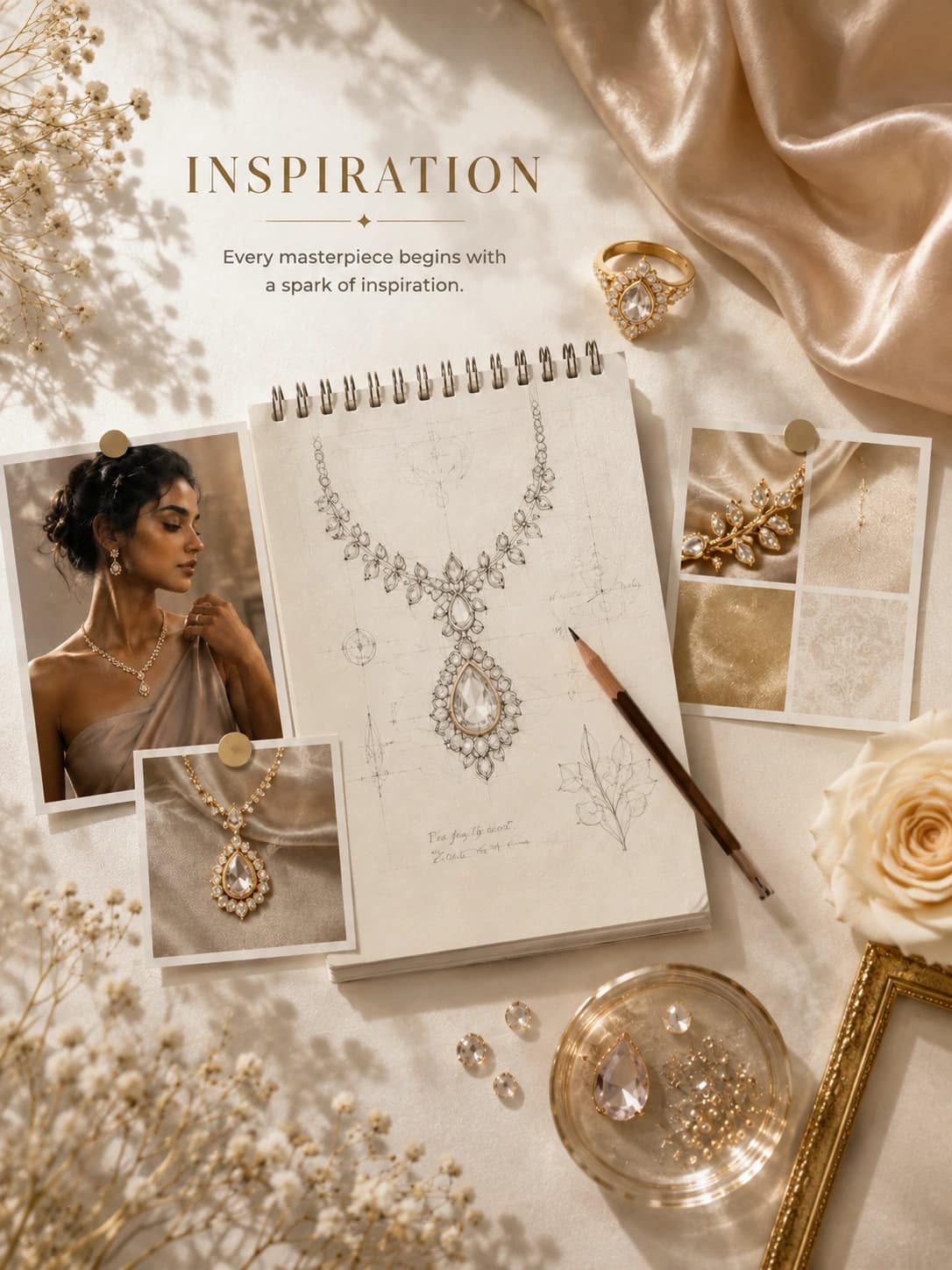 Design sketches beside a panel of metal and stone options