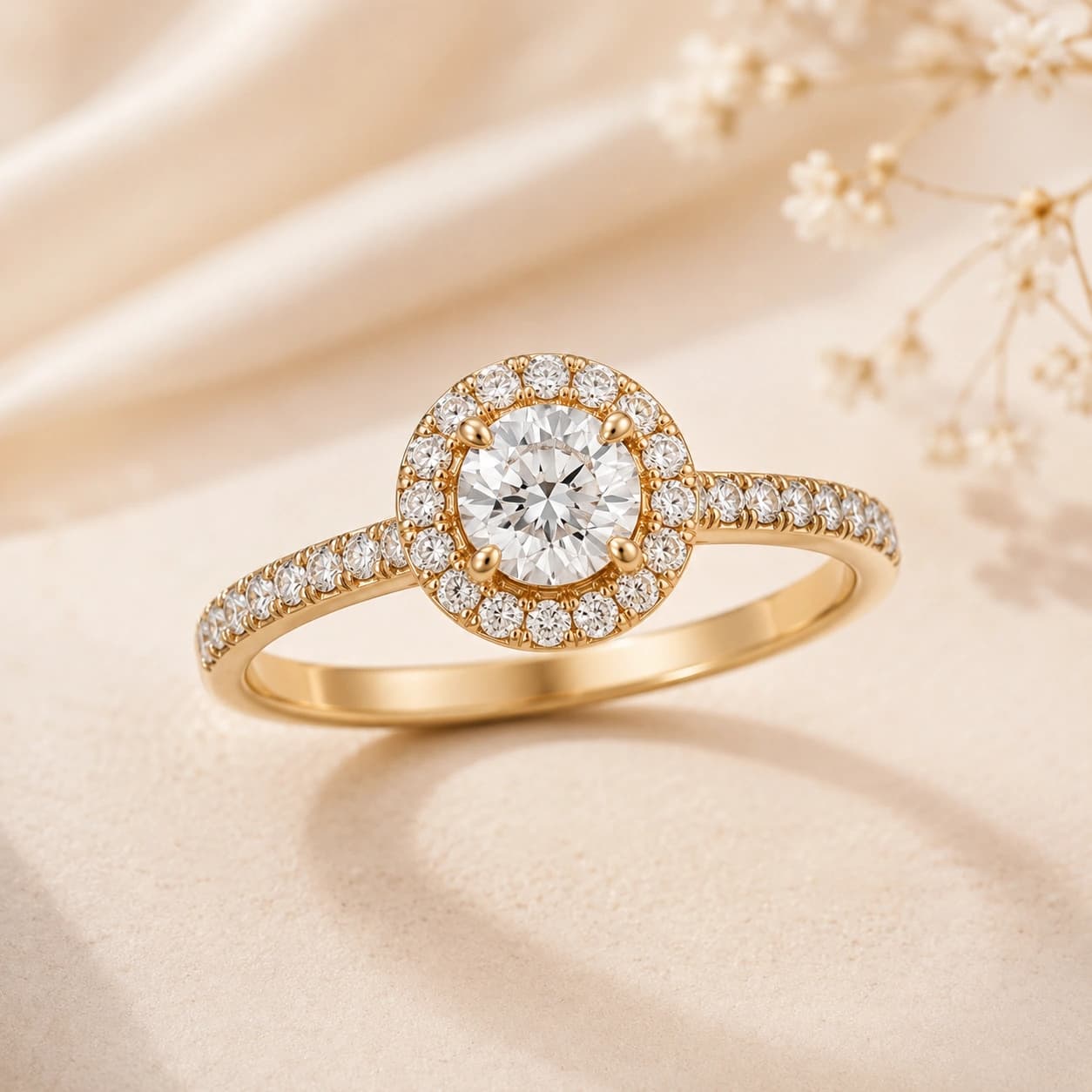 A gold halo solitaire ring with a round diamond, on cream silk