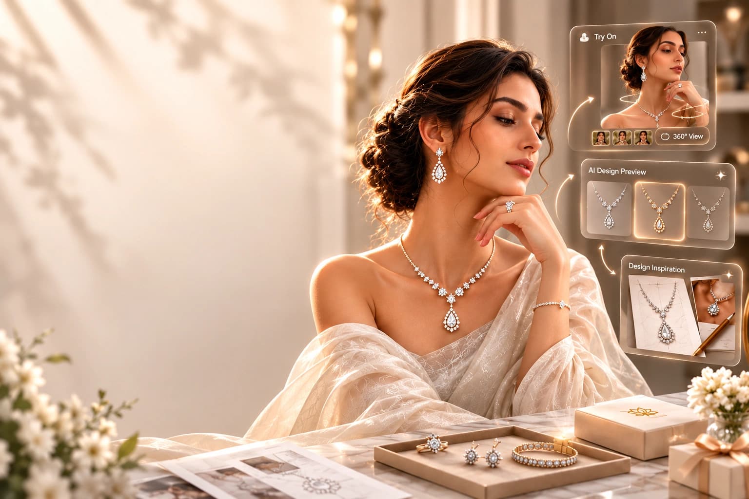 Model wearing a gold and diamond jewellery set beside try-on and design preview panels