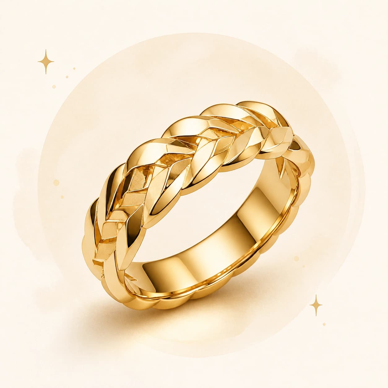 A bold braided yellow-gold ring on a soft ivory background