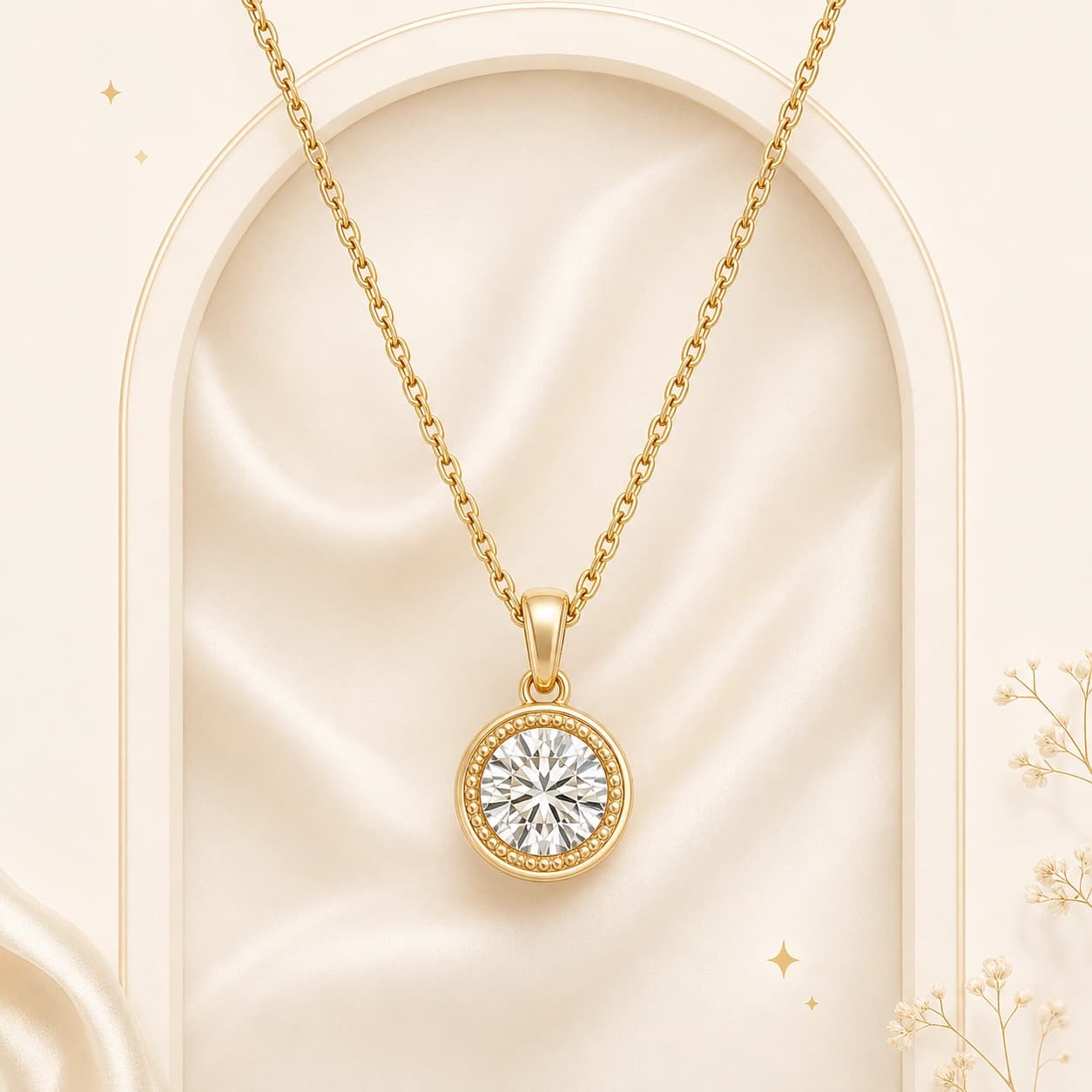 A classic yellow-gold round diamond pendant necklace on ivory satin