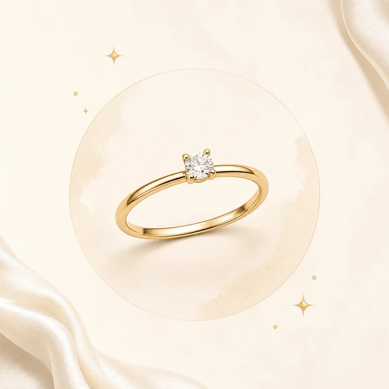 A minimal yellow-gold solitaire diamond ring on ivory satin