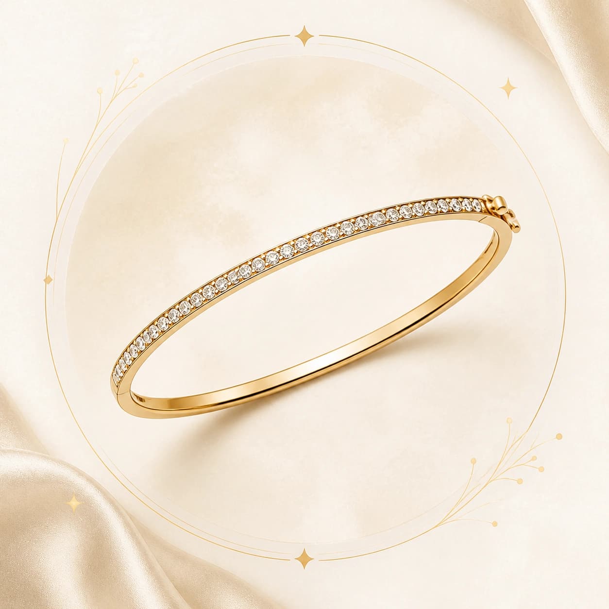 A timeless yellow-gold diamond bangle on an ivory background
