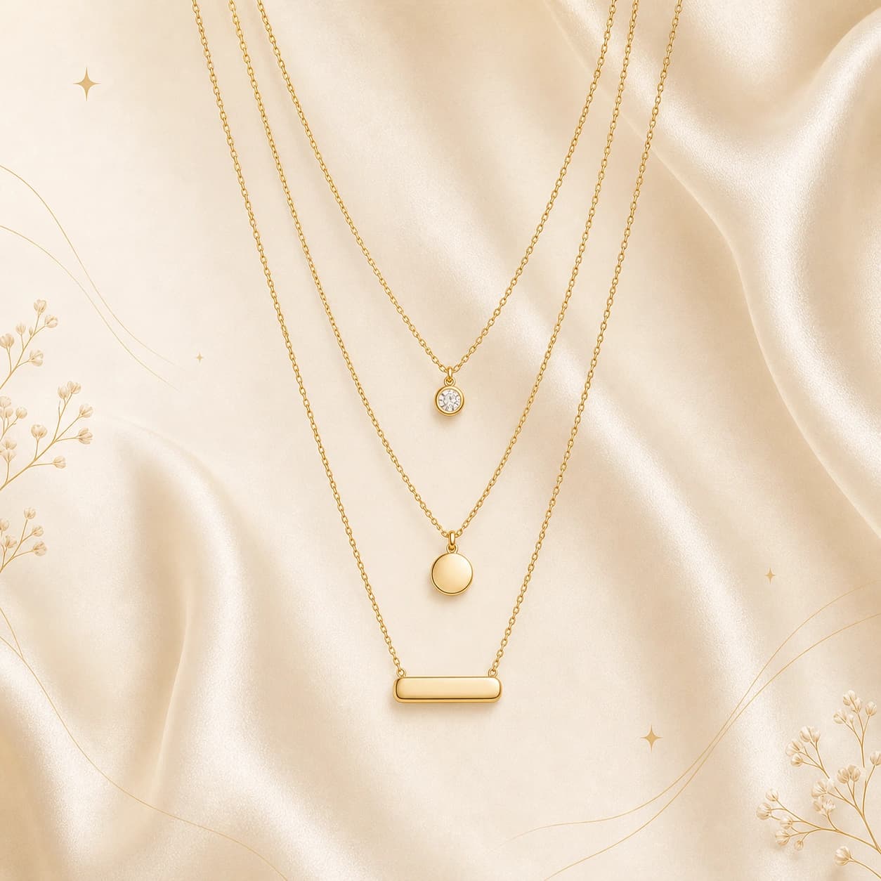 Three delicate layered yellow-gold necklaces on ivory satin