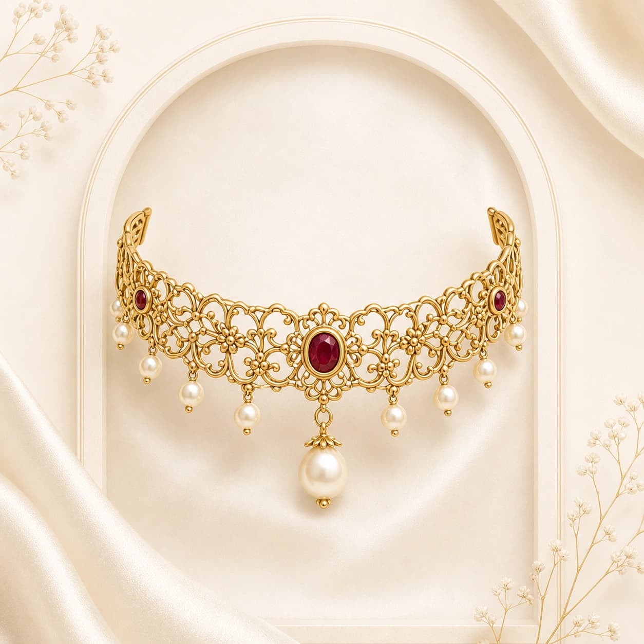 A modern heritage yellow-gold choker with pearls and ruby-red stones