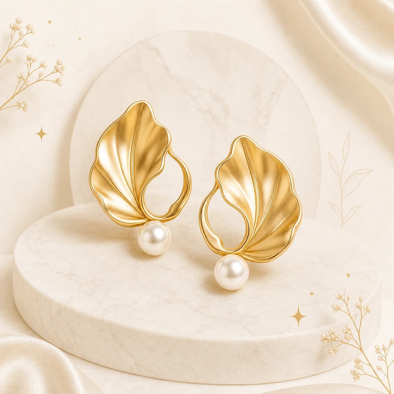 Organic yellow-gold petal earrings with pearl drops
