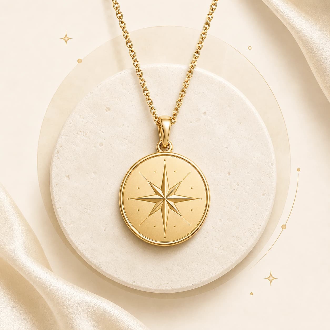 A yellow-gold compass star medallion pendant necklace