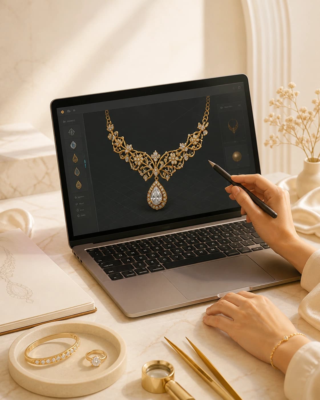 A laptop showing an AI-assisted gold jewellery design in a refined studio