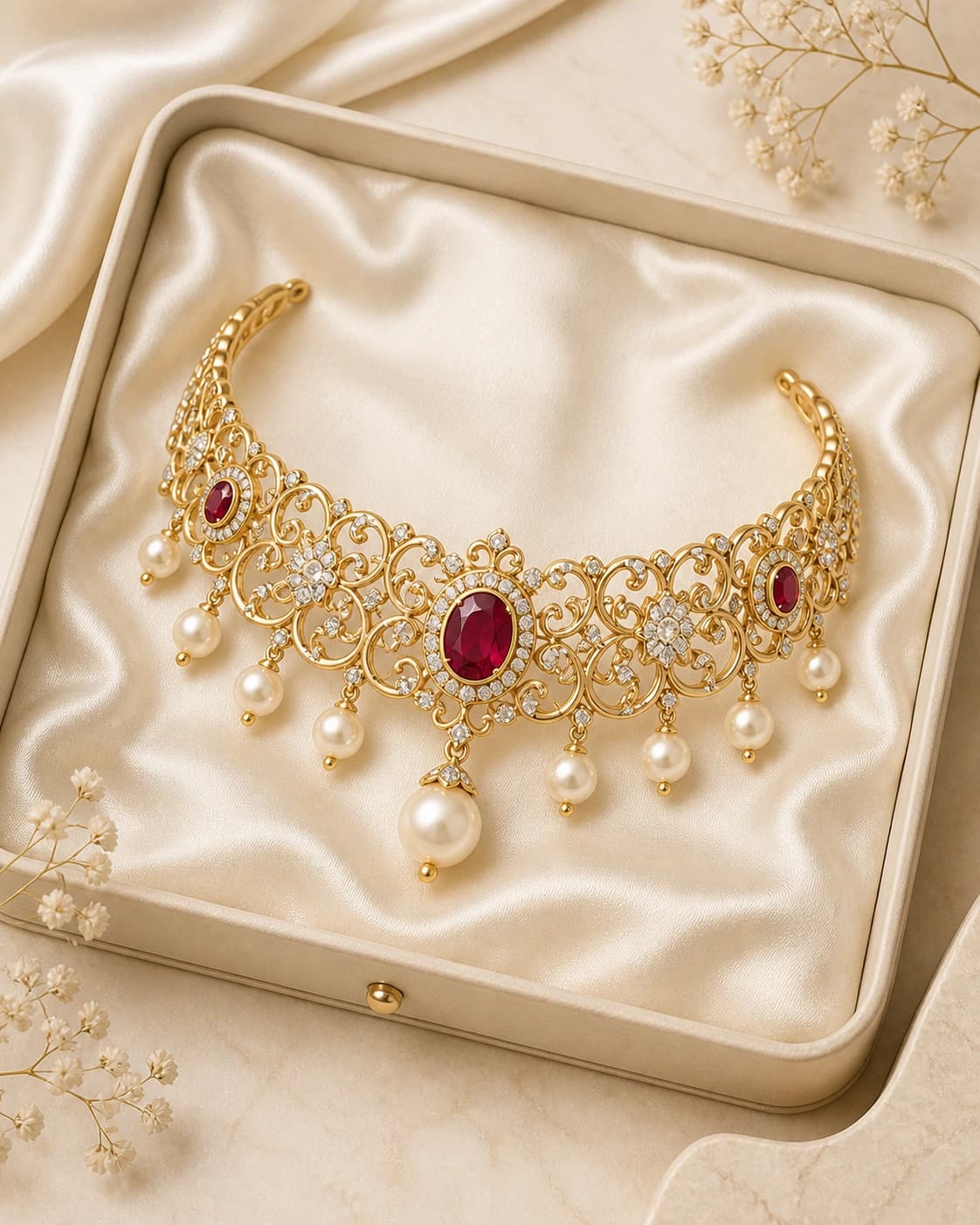 A finished gold, pearl, and ruby statement necklace in an ivory presentation tray