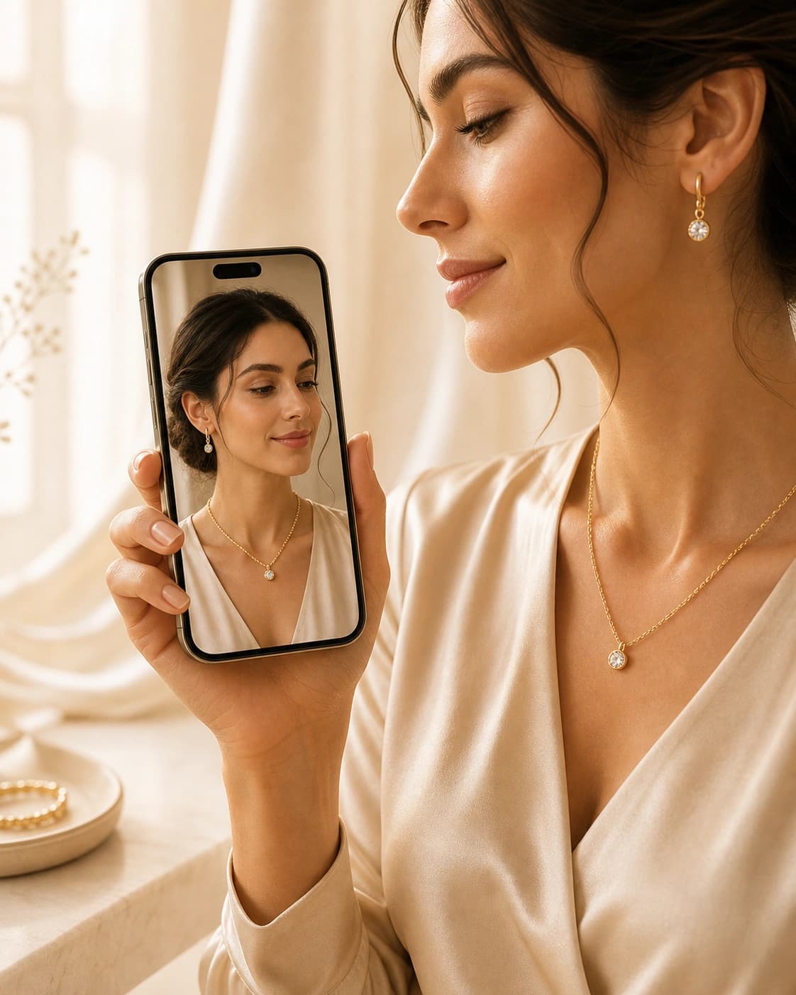 A person previewing gold jewellery on themselves with a phone