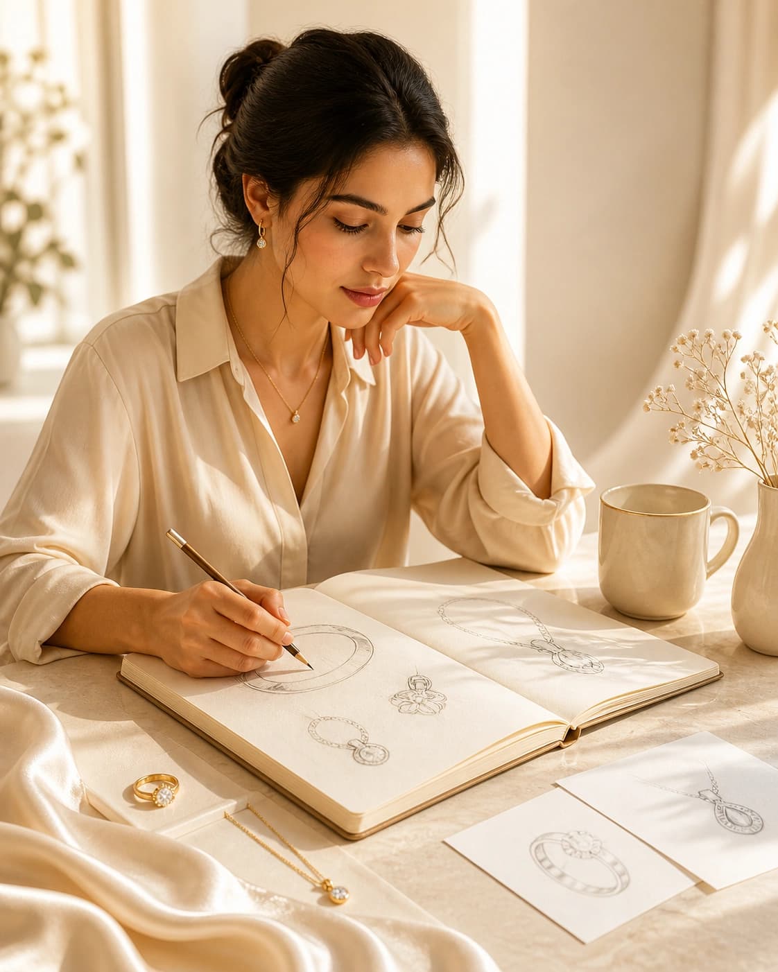 A jewellery idea being sketched at a warm ivory studio desk